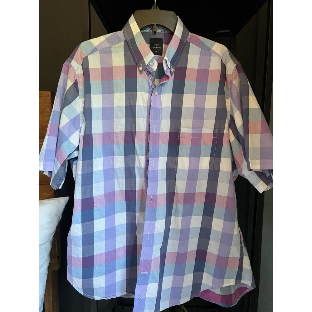 Tailorbyrd Dress Shirt Plaid Short Sleeve Front Pocket Button Up Mens Size XL